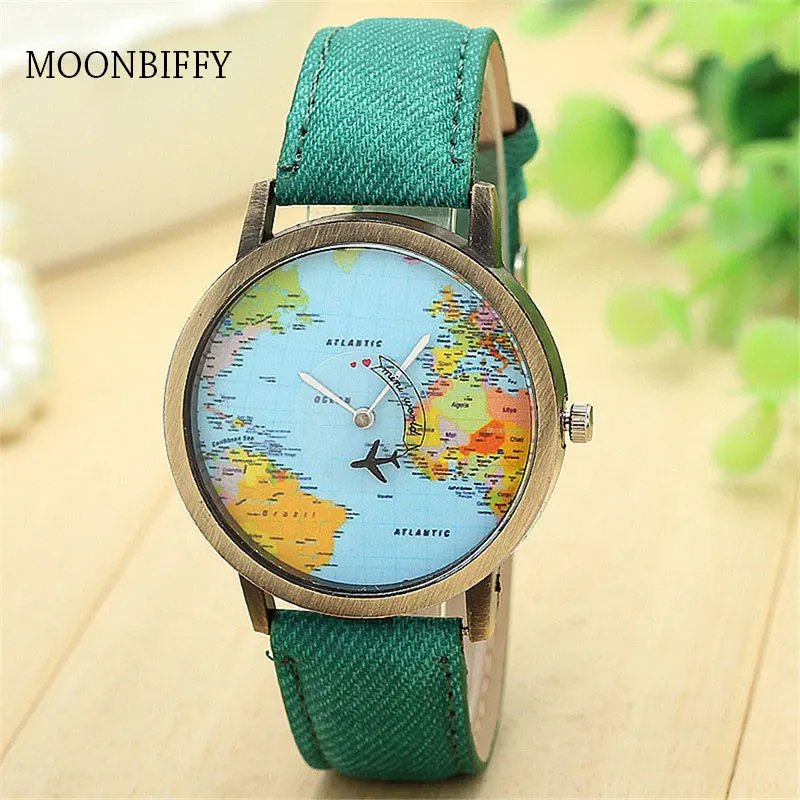

Cool Mini World - men's and women's leather wristwatches fashionable quartz watches Unisex models with maps planes travel around