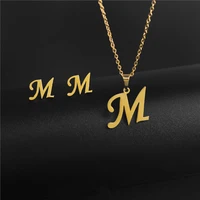 fashion new 26 letters stainless steel golden pendant necklace earring set for womens party jewelry 2 piece set