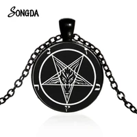 vintage white red goat head rune necklace baphomet inverted pentagram punk black long chain mens satanism gothic jewelry