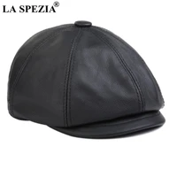 la spezia black newsboy cap men winter flat hat real leather cowhide retro thicken warm casual male octagonal cap