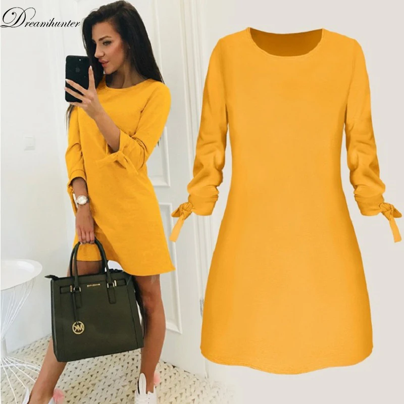 

Fashion Solid color o neck women dress Plus Size 3/4 Sleeve Bow Strappy Slim Fit Party Clubwear Casual Office Ladies Vestidos