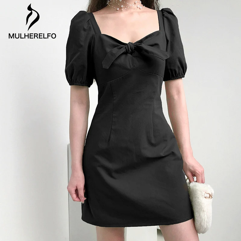 

Square Collar Short Sleeve Women 4-Color Dress Hollow Out Knotted Young Female Dresses Sexy Temperament Slim Mini Dresses Summer