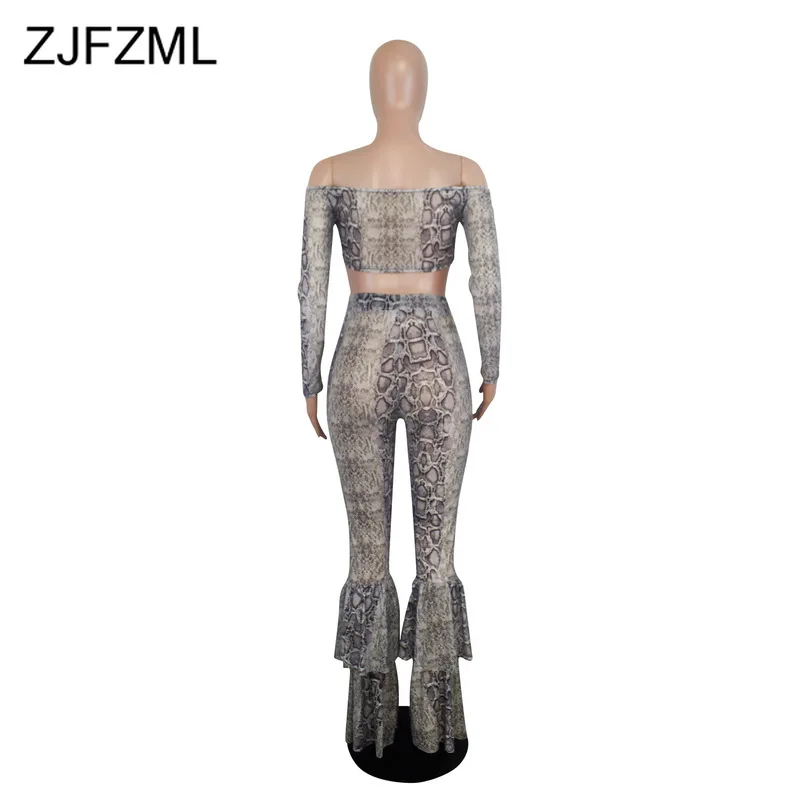 

Snake Print Mesh 2 Piece Tracksuit Women Slash Neck Long Sleeve Tie Bow Crop Tops and High Waist Bell Bottom Pants Club Outfits
