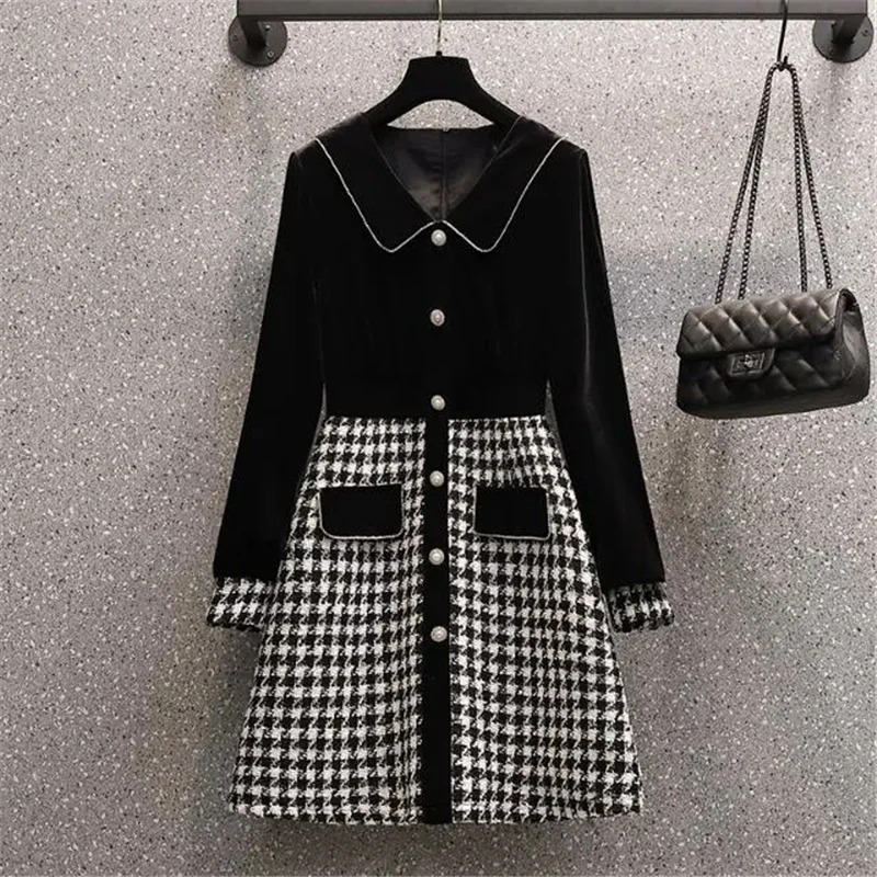 

2021 Fall Chic Black Velvet Spliced Houndstooth Vintage Dresses For Women Korean Fashion Pearl Button Tweed Plaid Party Dresses
