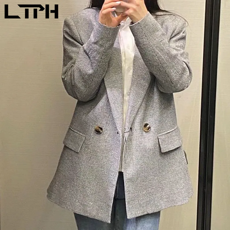 LTPH-chaquetas a cuadros estilo vintage americano para mujer, abrigos holgados de manga larga con doble botonadura, primavera 2021