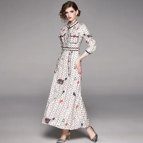 

Spring Aurumn Luxury Fall Runway Vintage Floral Print Stand Neck Long Sleeve Women Party Casual A-Line Maxi Beach Ladies Dresses