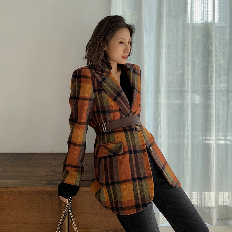 Женский шерстяной клетчатый блейзер в стиле ретро винтажный приталенный