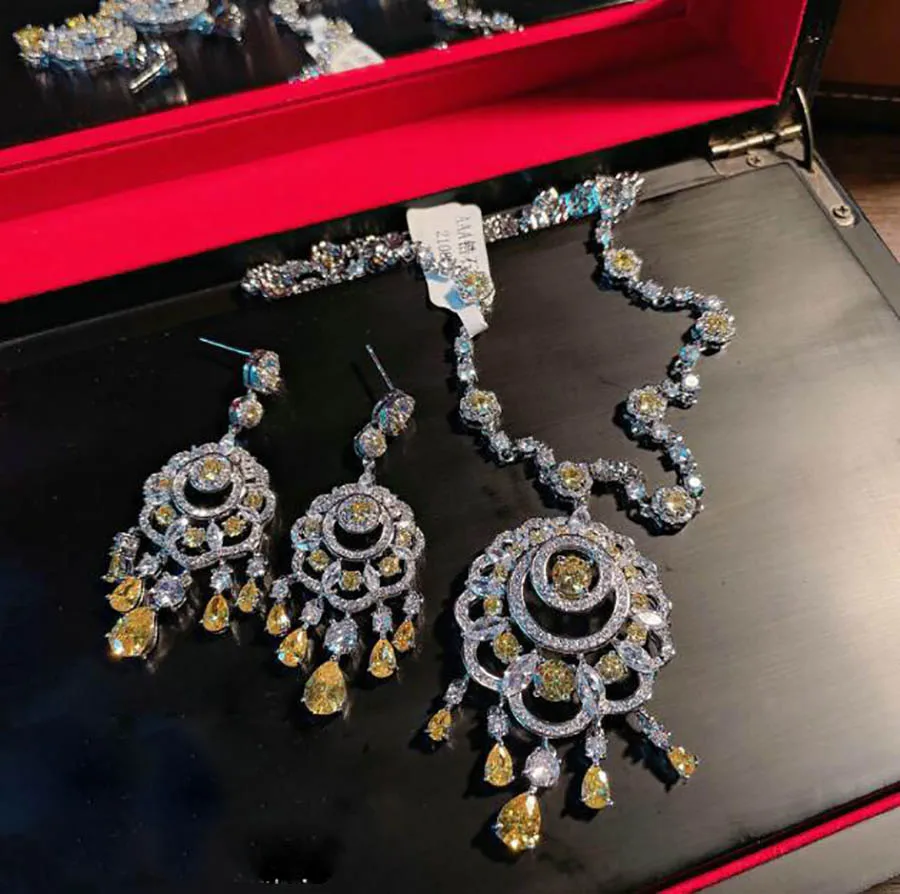 

Bright yellow sapphire flower necklace shiny zircon water drop sweater chain earrings vintage gorgeous charm jewelry set