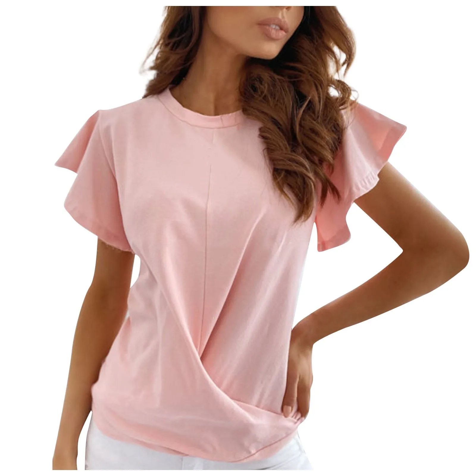 

Summer Tops For Female 2021 Korean Style Tunic Shirts Women's Fashion Solid Color Round Neck Lace Short Sleeve Knotted Top