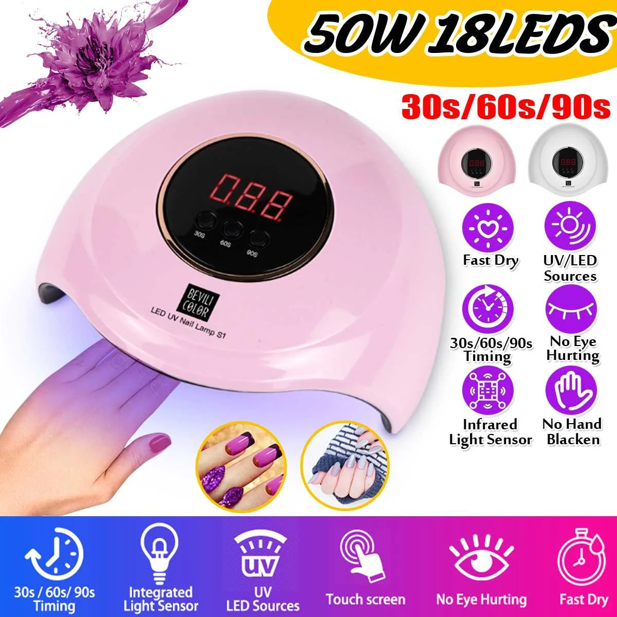 

18LED 50W UV Nail Lamp Polish Dryer Lamp Smart Infrared Sensor Fingernail Toenail Gel Curing Nail Light