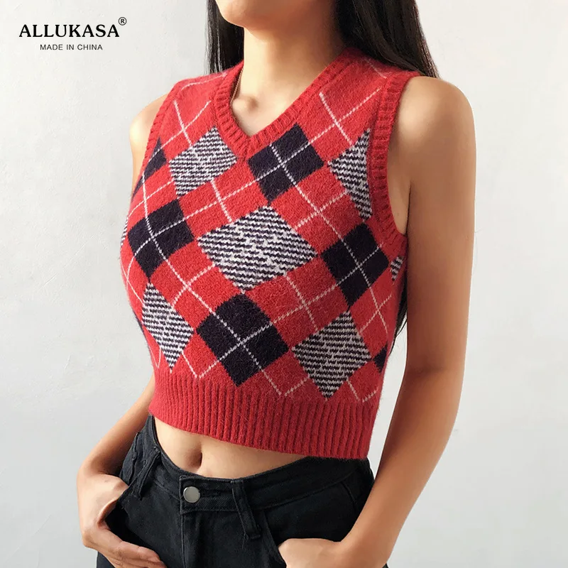 

Argyle Sweater Vest Women Black Sleeveless Plaid Knitted Crop Sweaters Casual Autumn Preppy Style 2020 tops V Neck Vintage