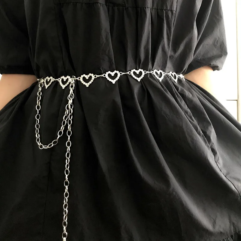 Rhinestone Heart Love Hip High Waist Metal Chain Belts For Women Female Decorated Dress Skirt Silver Hollow Waistband Strap