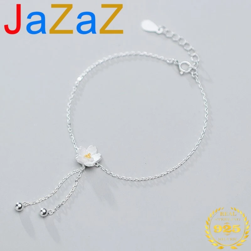 

A00814 Luxury 925 Sterling Silver Jewelry Cute Little White Flower Bracelet Tassel Glossy Beads Cross Chain Link Bangle