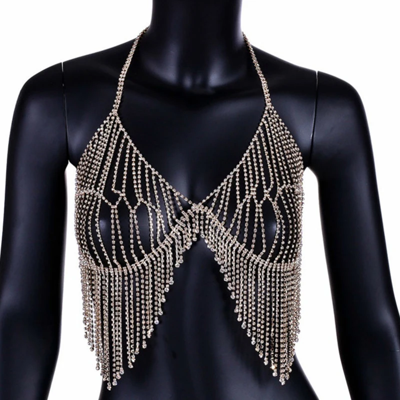 Женский бюстгальтер со стразами и кисточками на цепочке блестящий женский топ