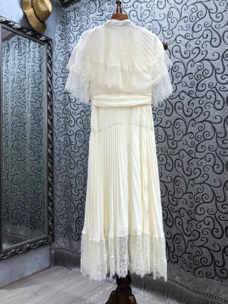 

Cape Poncho Women's Long Dress 2021 Summer Party Ladies bow Collar Lace Patchwork Short Sleeve Pleated Long Maxi Dress Apricot