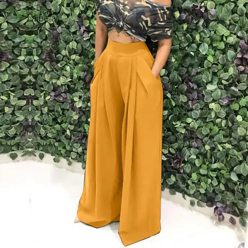 

Women Casual Loose Wide Leg Pants Autumn High Waisted Palazzo Trousers Pleated Long Culottes Pants Elastic Waist Trouser