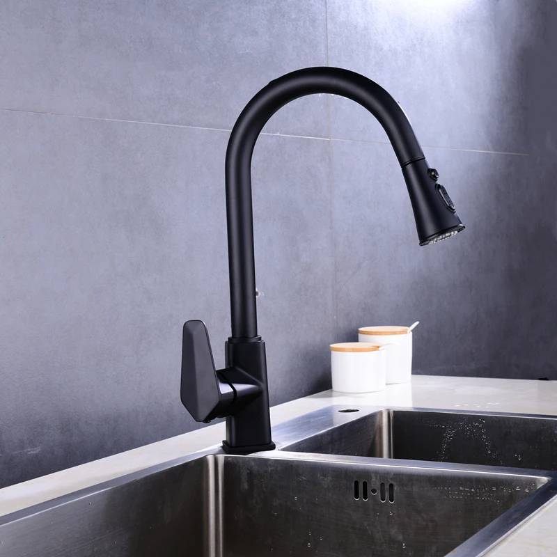 

New Style Kitchen Faucets Black/Chrome Brass 360 Rotate Kitchen Accessories Button Switch Cold Hot Water Mixer Sink Pull Out Tap