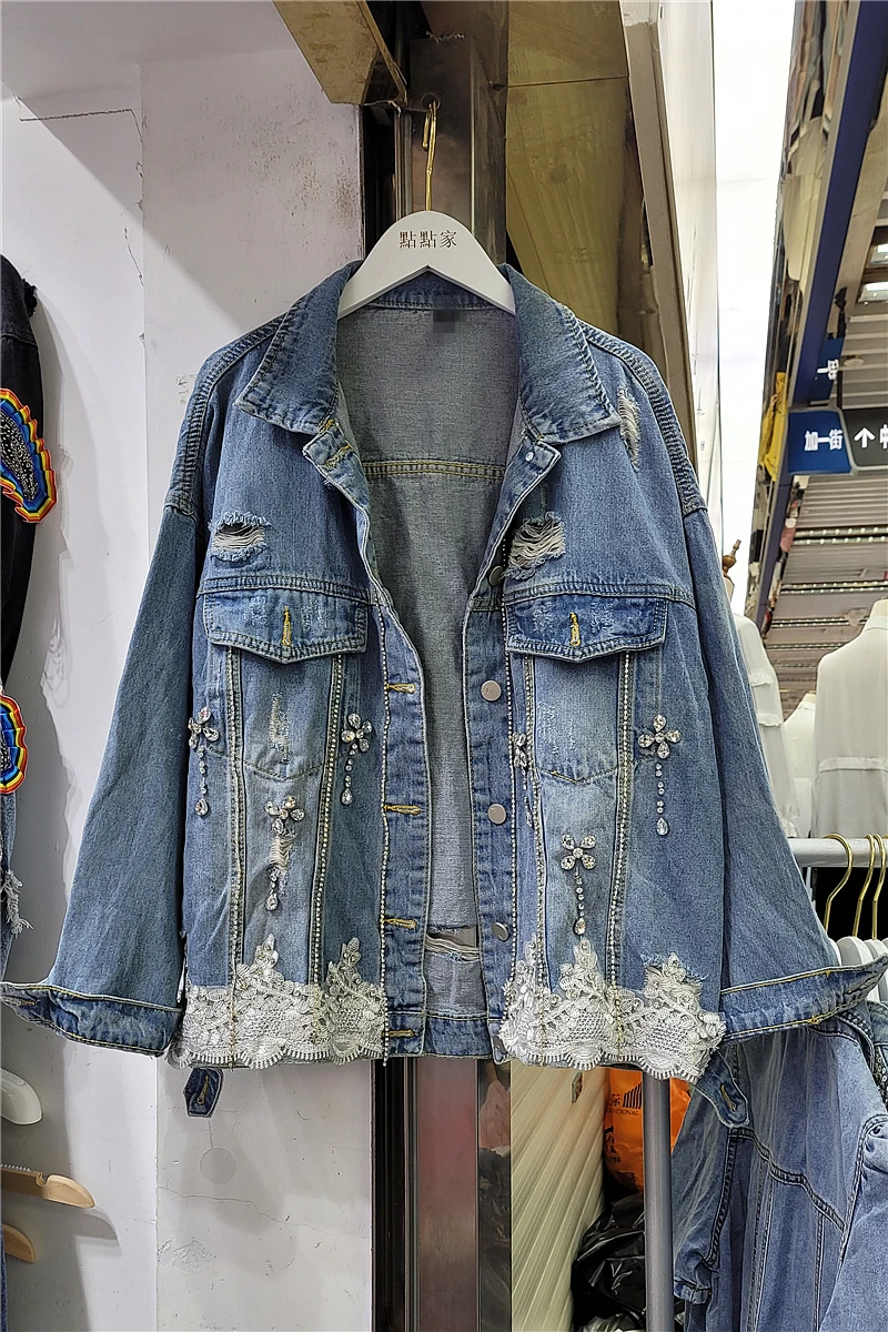 

2021 Spring Autumn New Jean Coat Outwear Female Beaded Diamond Stitching Lace Loose Denim Jacket Women Leisure Cowboy Jackets