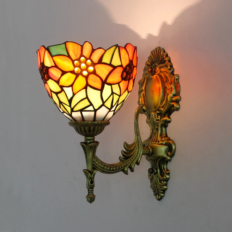 

Wall Lamps Tiffany Mediterranean Retro Stained Glass Art Wall Lights For Bedrom Study Led Bedside Lighting E27