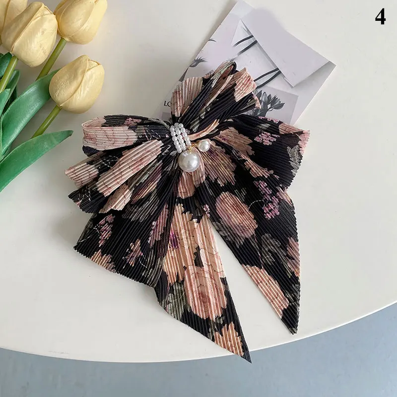 

Chiffon Pleated Flower Hairpins Pearl Big Bow Hair Solid Color Clip Folds Ribbons Top Clip Spring Clip Fashion Hair Accessories
