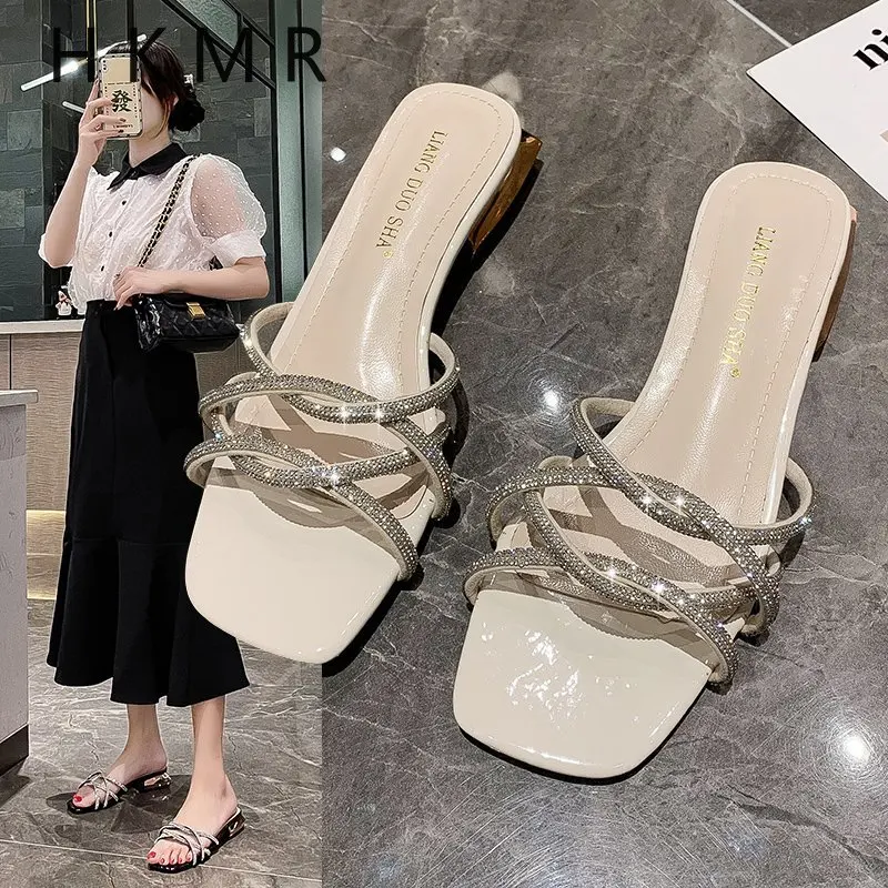 

2021 New Women's shoes slippers outdoor su mmer new rhinestone chunky heel high heels heels women
