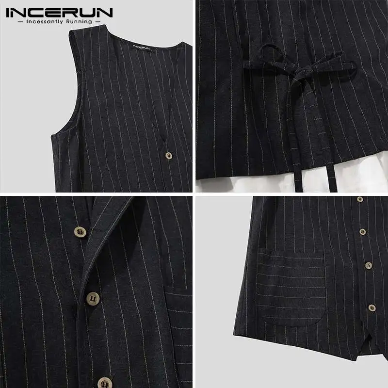

Fashion Men Vests Striped Sleeveless V Neck Streetwear Blazers Waistcoat Button 2021 Fitness Casual Men Suit Vests S-5XL INCERUN