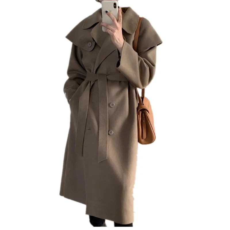 

Women Autumn Winter Vintage cloak Long Wool blends long Sleeve Sashes woolen overcoat