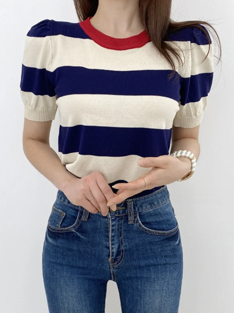 

Korean Mujer Tshirt Femme 2021 Stripe Female T Shirt Women Cotton Slim T-Shirt Woman Summer Camiseta Feminina Casual