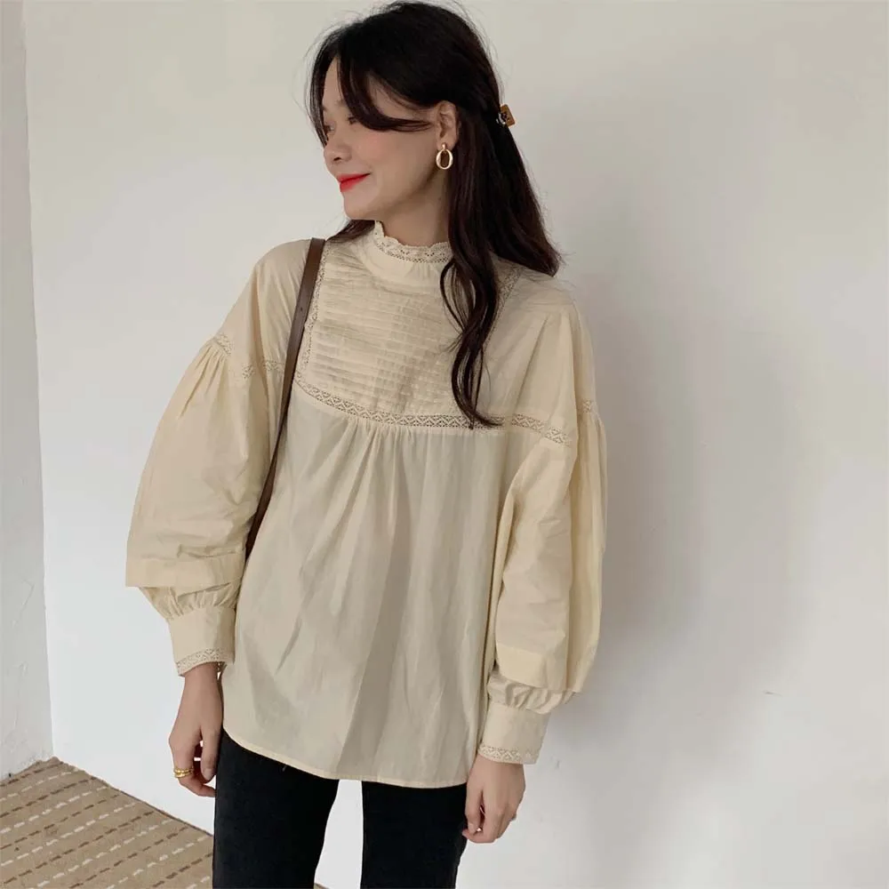 

2020 New Spring Women's Blouse Long Sleeve Vintage Lace Stand Collar Pullover Draped Korean Janpan Style Ladies Office Tops