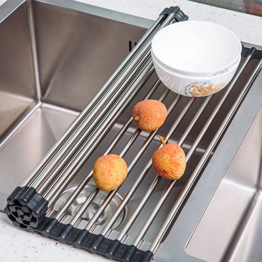 

Kitchen Folding Drain Rack Fold Dish Drainer Tray Stainless Sink Drain Basket Washing Vegetable Fruit Drying Rack Net Steel