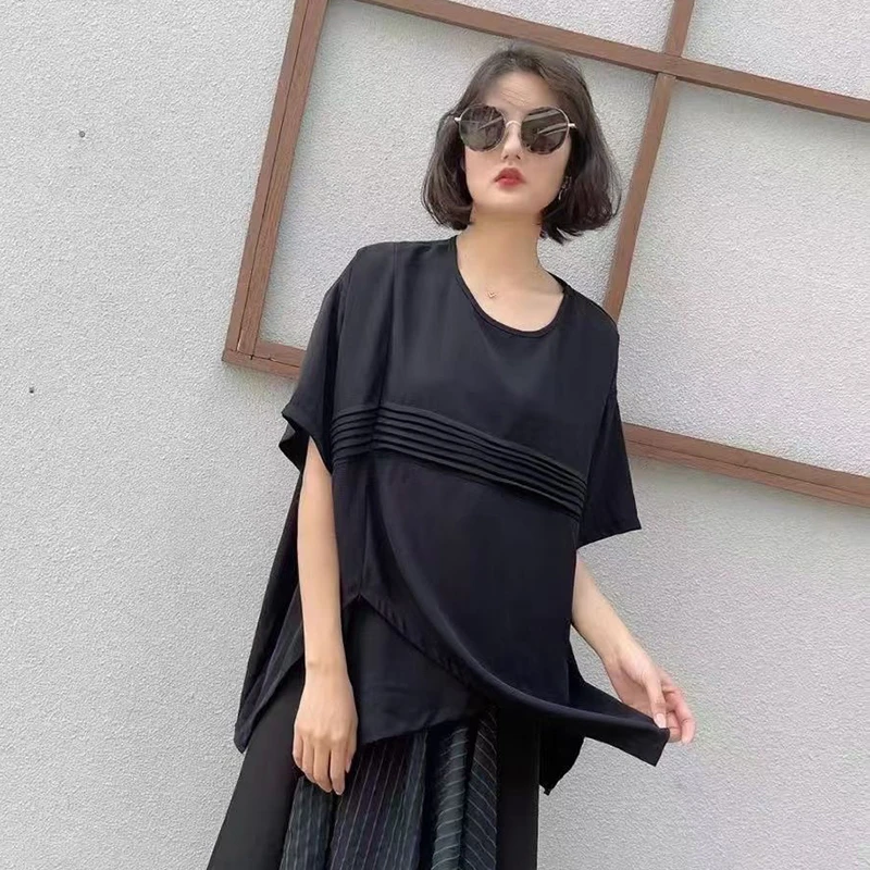 

CHICEVER Solid Ruched T Shirt For Women O Neck Short Sleeve Irregular Patchwork Designer T Shirts Female Clothes Summer 2021 New