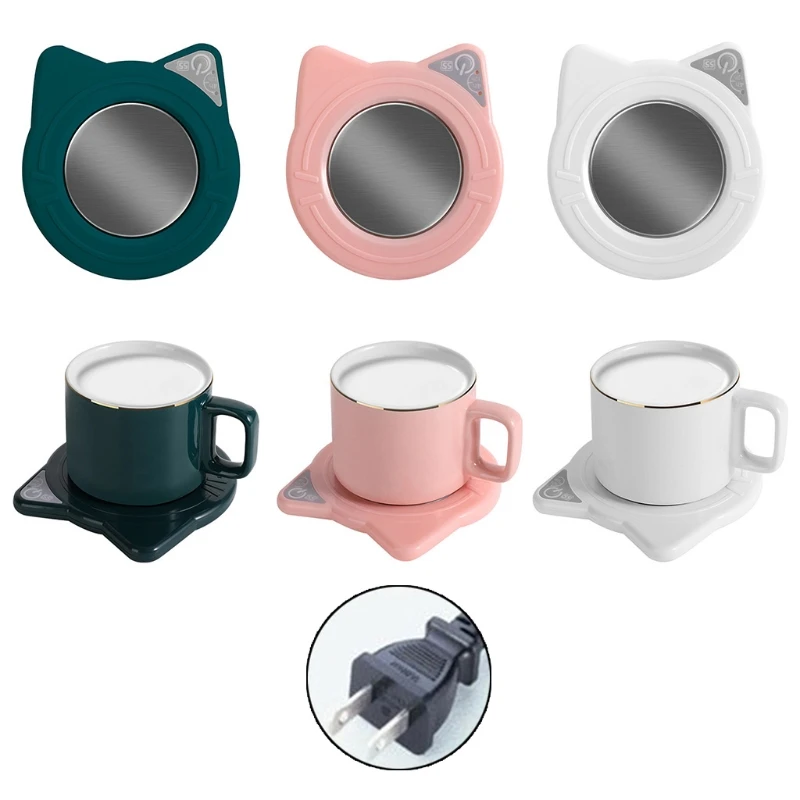 

X7AA Cute Cat Coffee Mug Warmer Pad & Cups Electric Power Cup Warmer Heat Beverage Mug Mat Keep Warm Coffee Tea Electric pad