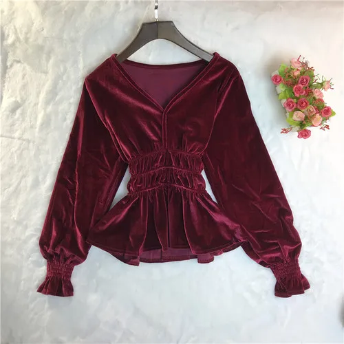Burgundy Neploe, v-образный вырез, тонкая талия, рукав-фонарик, бархатная блузка для женщин, элегантные оборки, длинный рукав, Blusas Mujer, облегающая короткая рубашка 46384 - Цвет: Burgundy
