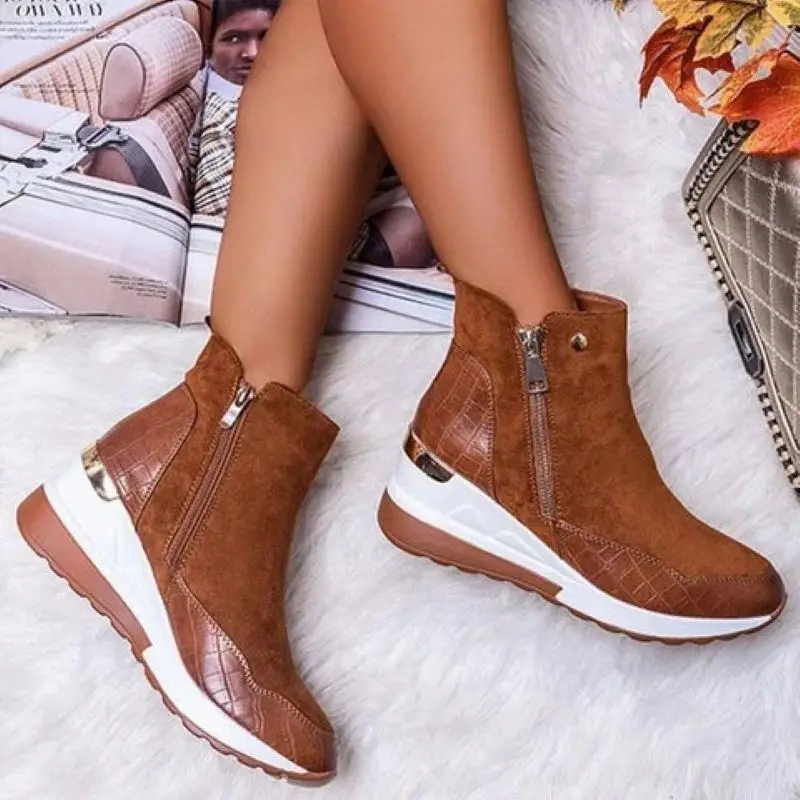 

Women Ankle Boot 2021 Autumn Winter High Top Vulcanize PU Leather Shoes Women Platfrom Wedges Shoes Zipper Chunky Female Shoes