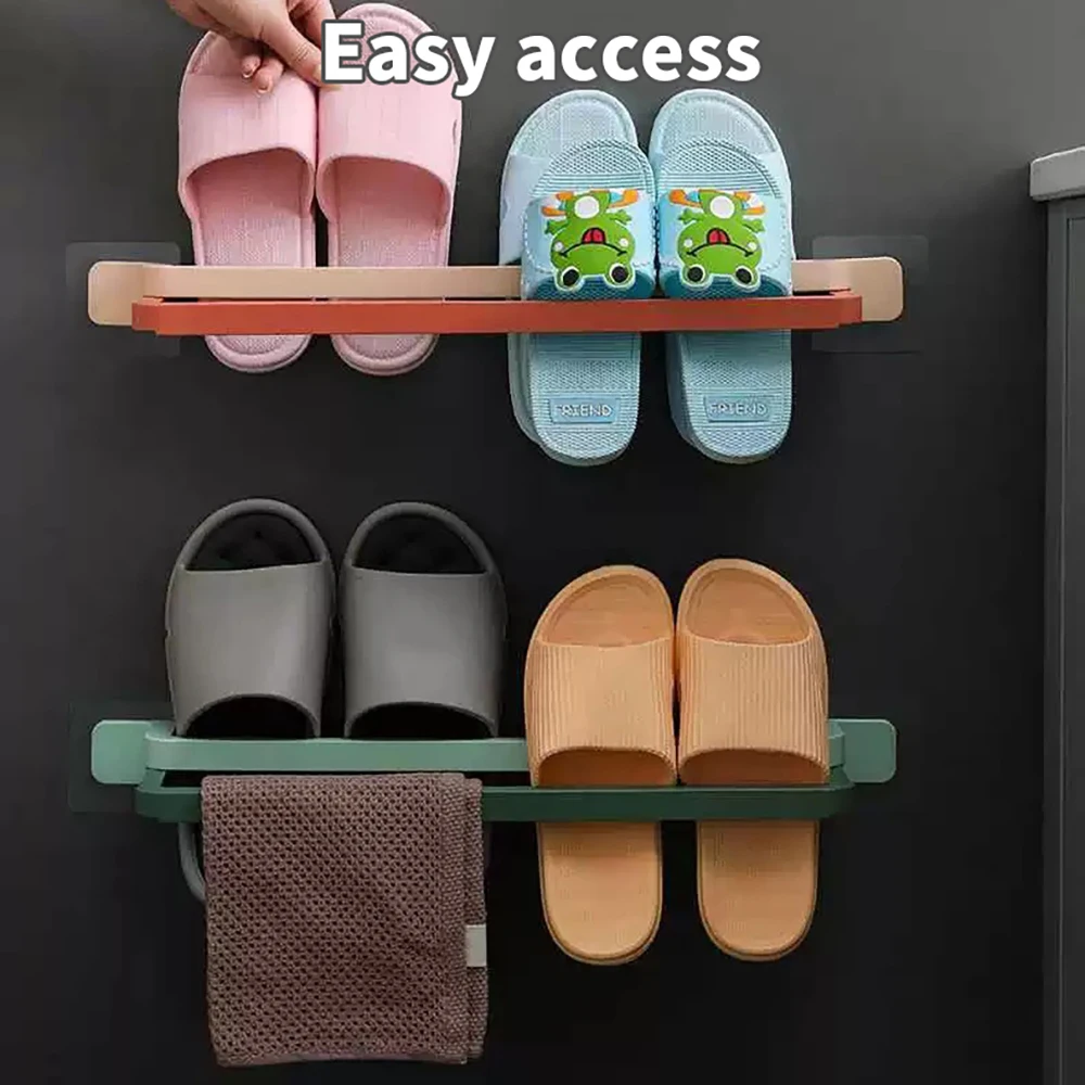 

Bathroom Double-Layer Slippers Rack Free Punching Wall-Mounted Retractable Sliding Towel Bar Wall Storage Bathroom Rack