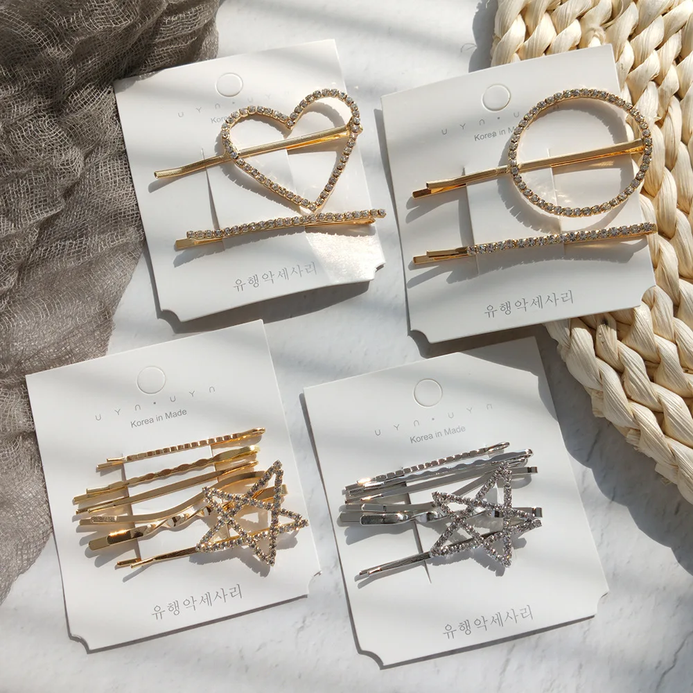 Korean Shiny Crystal Rhinestones Hairpins Barrettes Women Five Star Round Heart Shape Hair Clips Sweet Jewelry Accessories | Украшения и