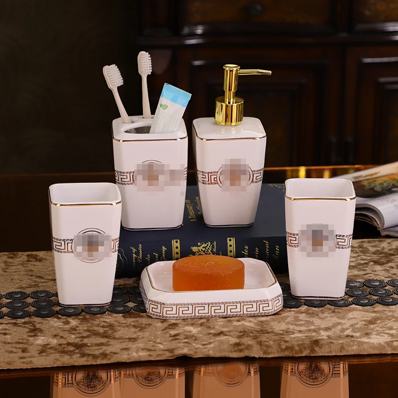 

European-Style Ceramic Five-Piece Bathroom Set Washing Set Bathroom Supplies Toilet Cup Toothbrush Cup Kit Light Luxury