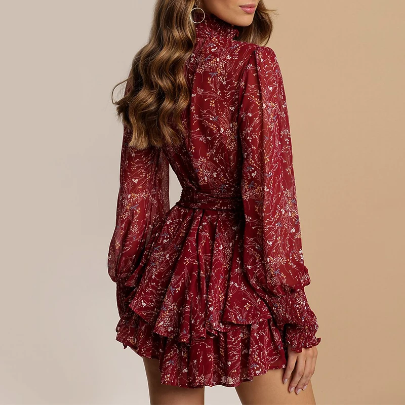 

Spring Chiffon Floral Print Short Dress Back Perspective Women Casual Long Sleeve A Line Dress 2021 Vintage Mini Party Vestidos