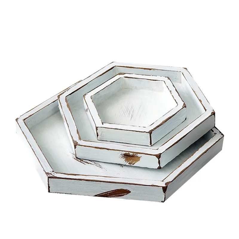 Tobs Hexagon wood tray vintage white style handmade cupcake cake table decoration dessert makeup jewelry holder ring trays | Дом и сад
