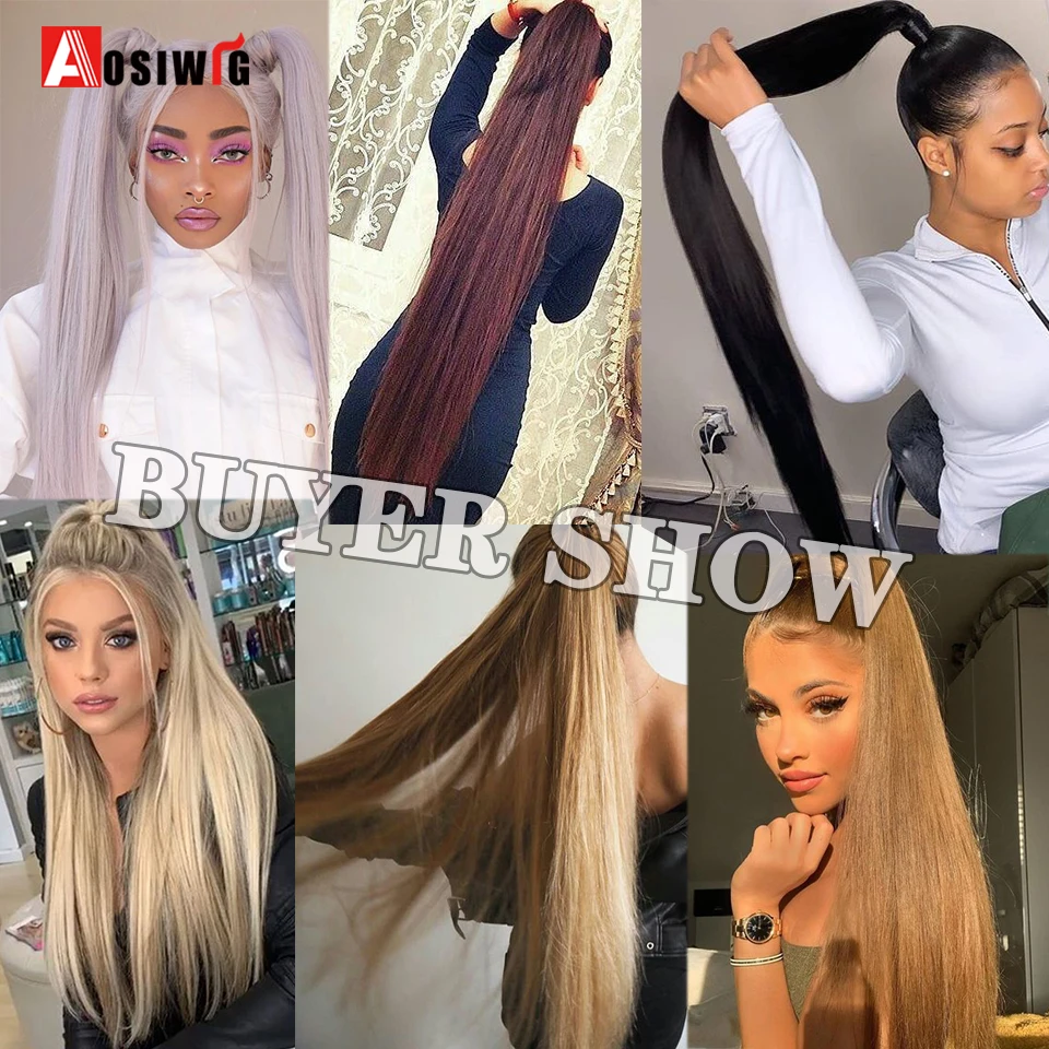 

AOSIWIG Long Straight High Temperature Synthetic Drawstring Ponytail Clip in Pony Tail Extension Hairpiece Frosted Wig for Women