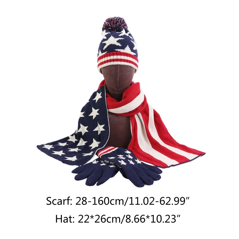 

Adult Winter 3Pcs UK British USA American Flag Beanie Hat Long Scarf Gloves Set 649C