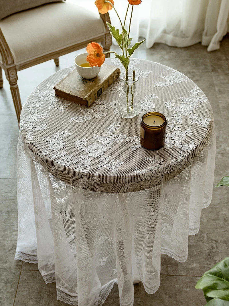 

Rose Lace Tablecloth Round Rectangle European Retro White Dining Table Cloth Customizable Party Dessert Table Cloth