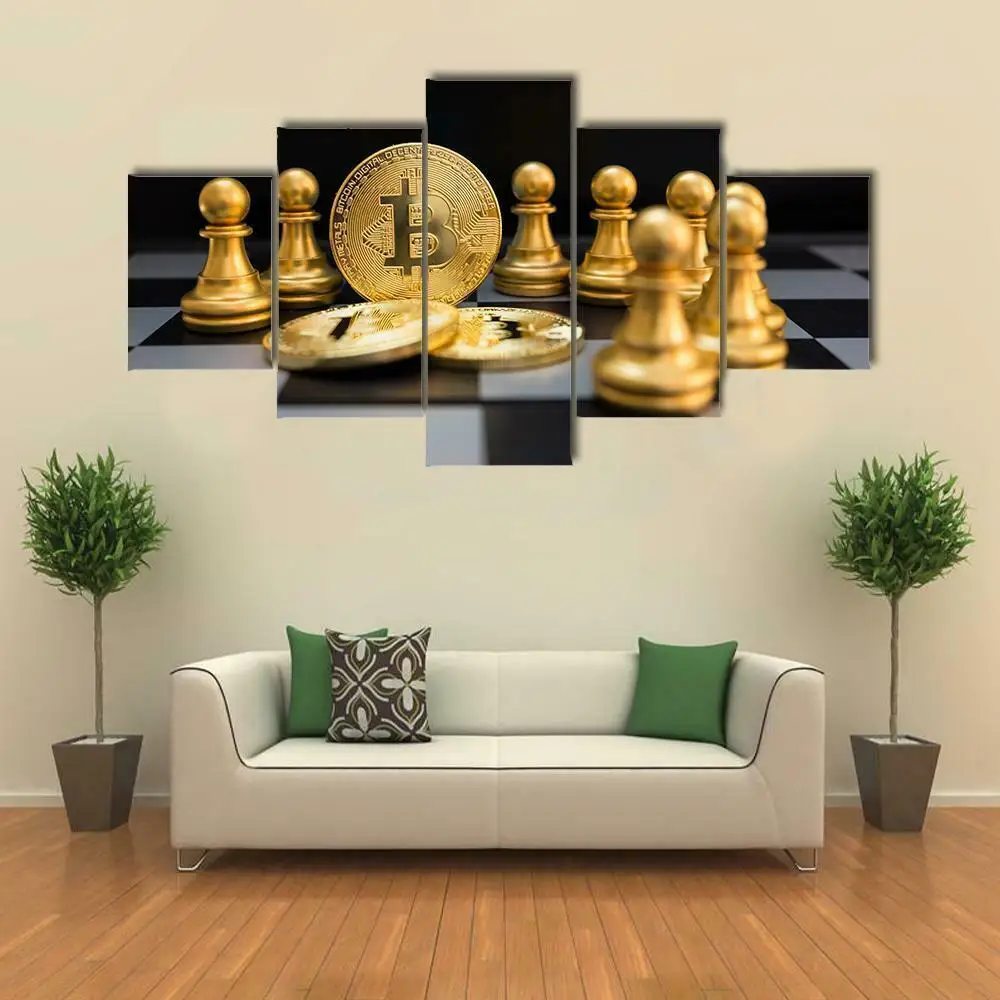 

Gold Bitcoin and Chess Board 5 Pcs Canvas Wall Art Painting Home Decor Cuadros