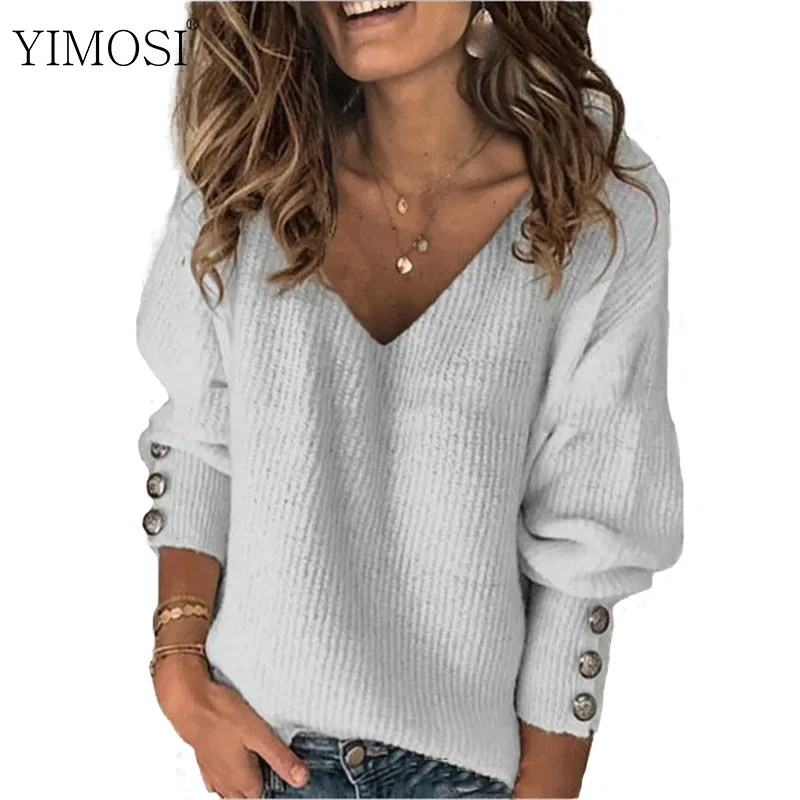 Женский вязаный свитер на пуговицах с заклепками пуловер глубоким v-образным