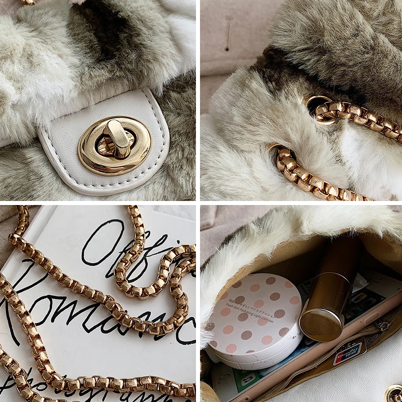 

CASMOR Women Messenger Bags Fashion Stitching Color Plush Bag Casual Wild Crossbody Bag Ladies Lock Chains Shoulder Bags