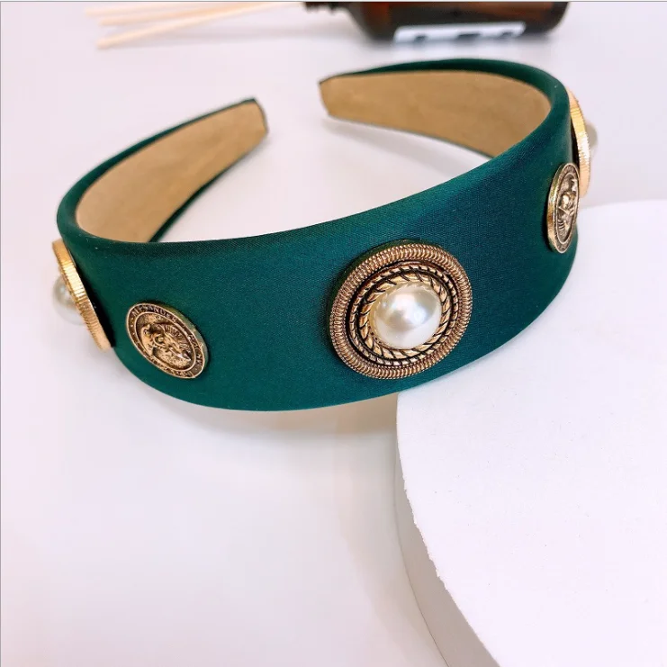 

2021 new simple baroque style hairbands retro large round piece of pearl copper beauty head wide brim hair accessory