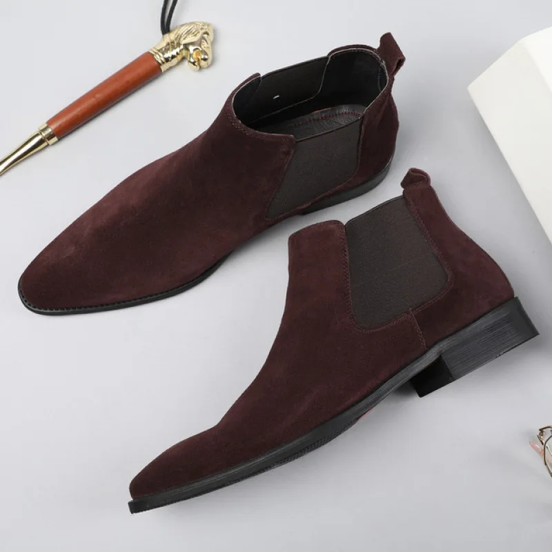 

Wingtip Classic Chelsea Boots Men Handmade Luxury Genuine Leather Pointed Toe Burgundy Black Wedding Office Dress Suede Botas