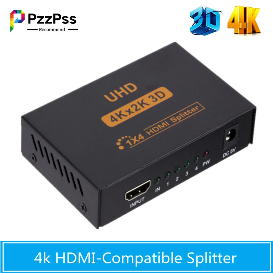 

PzzPss 4k HDMI-Compatible Splitter 1 In 4 Out HD CP Full HD 1080P Video HDMI Splitter 1X4 Split 1 in 2 Out For HDTV DVD PS3 Xbox