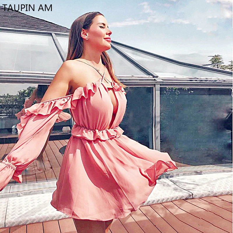 

Ruffles Summer Dress 2019 Women Off Shoulder Cut Out Sexy Beach Party Dress Pink Resort Elegant Chiffon Dress Boho