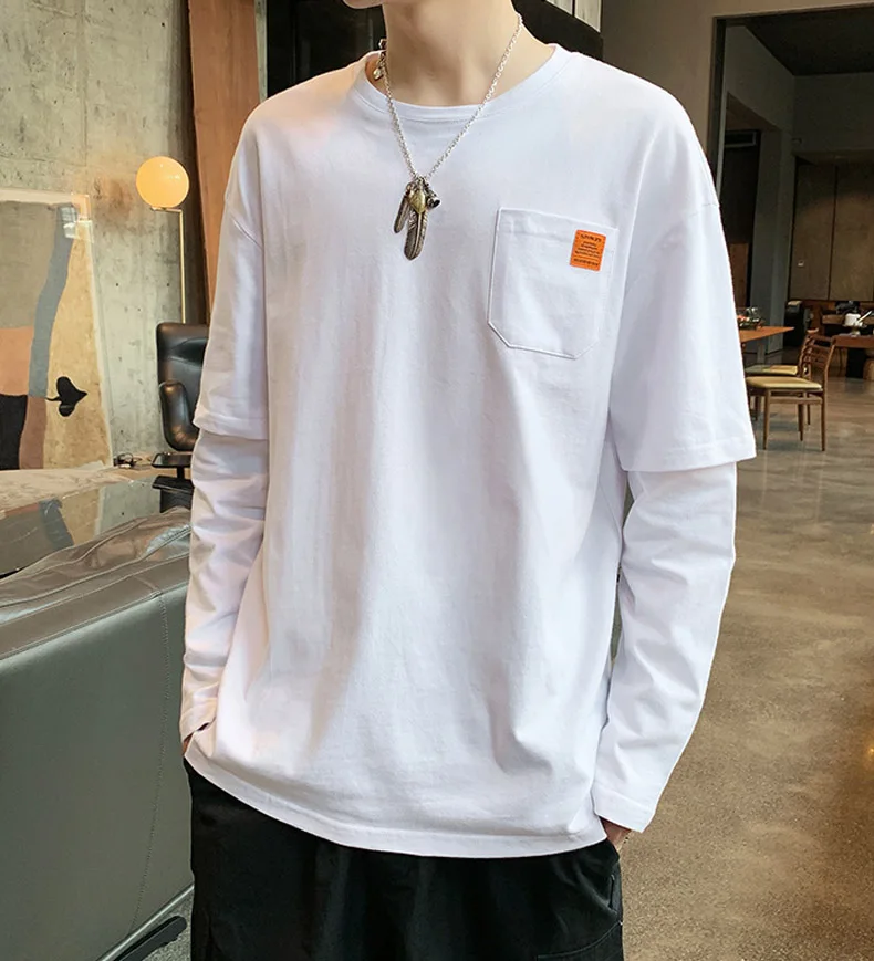 Осень Зима Новая мягкая поддельная футболка с двумя рукавами Мужская Однотонная